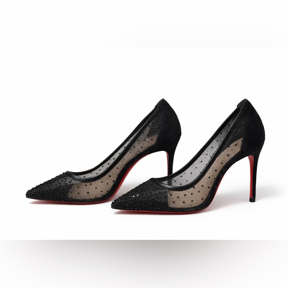 Black Crystal Mesh Pointed Toe Stiletto Heels – Red Sole Style - Picture 2 of 3